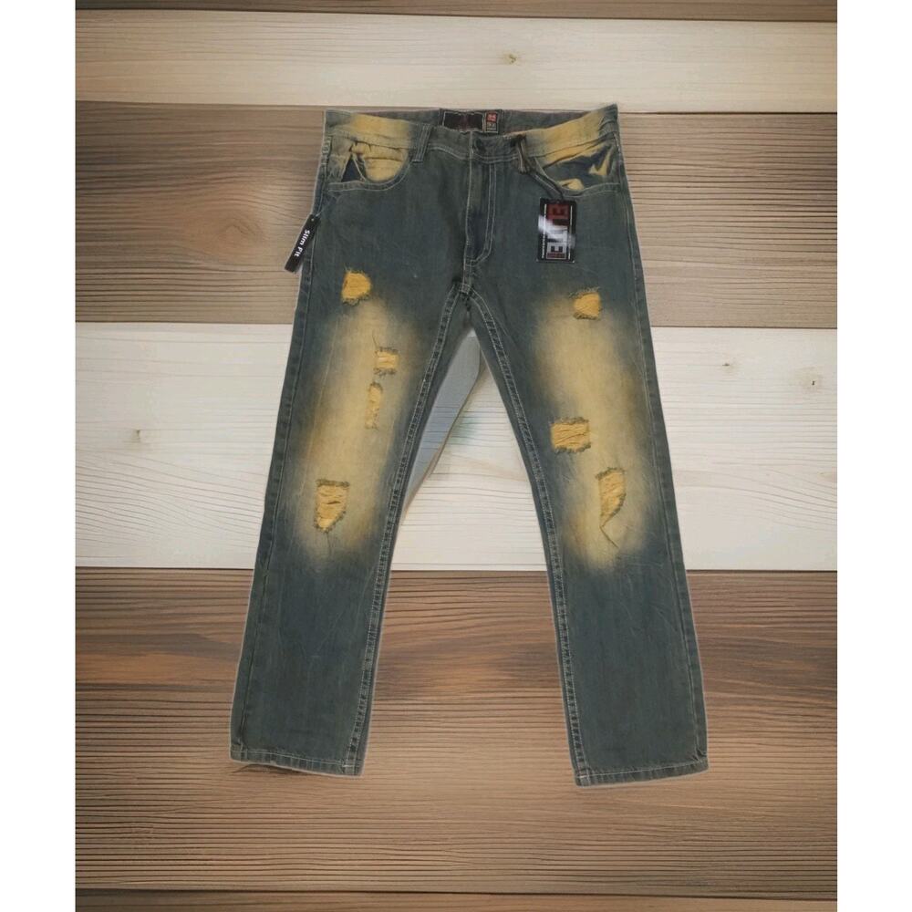 Elite Premium Mens Denim Zip Pocket Distressed Jeans 34×32